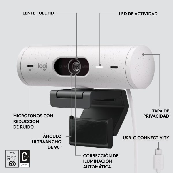 Web Cam Logitech Brio 500 White Full Hd 4mp 1080p 30fps - Image 3