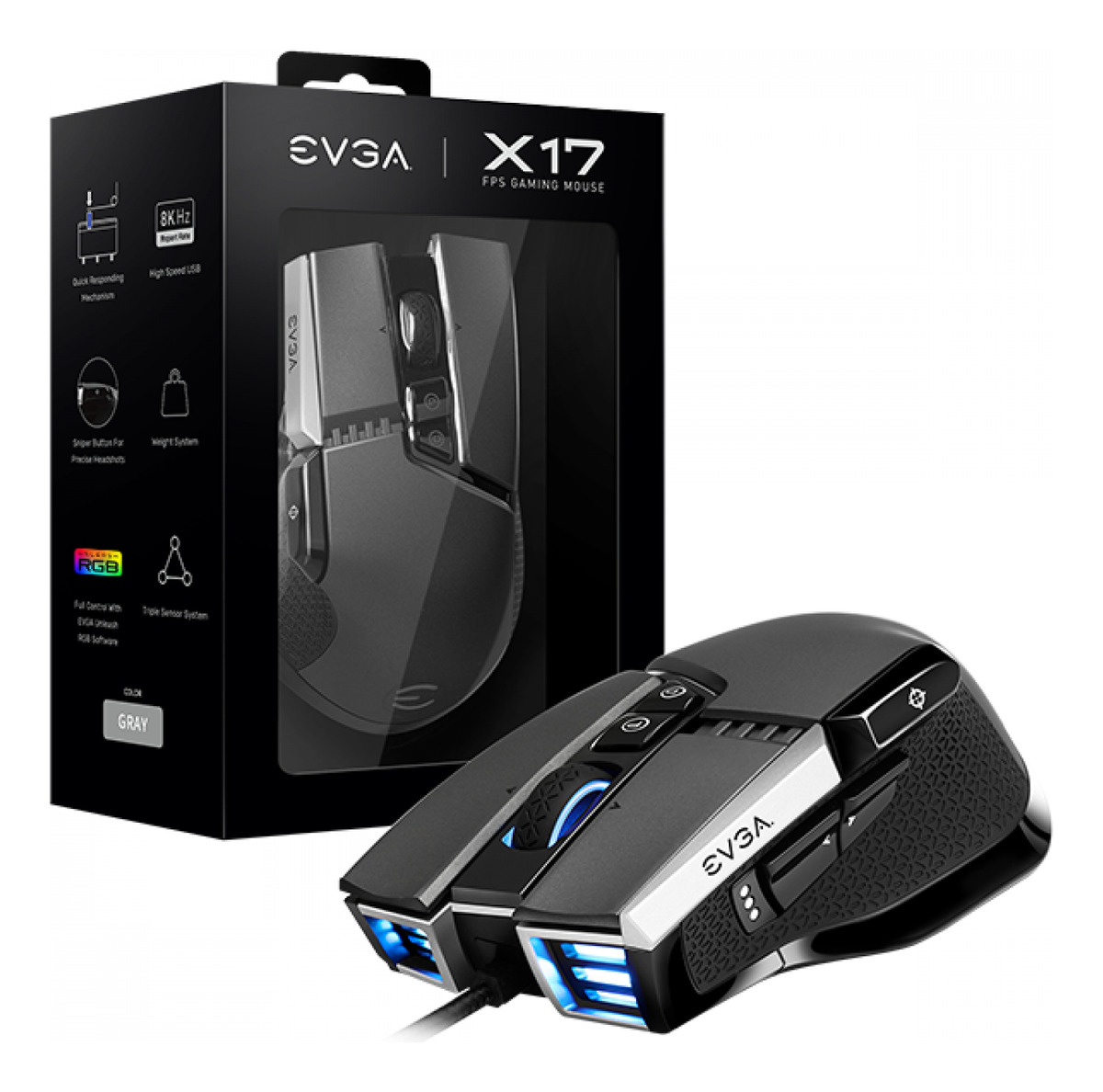 Mouse Gamer Evga X17 16000 Dpi 400 Ips Pixart 3389 Gris